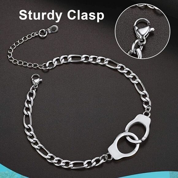 NEW Handcuff Anklet Silver Figaro Chain Handcuff Ankle Bracelet - Picture 2 of 9